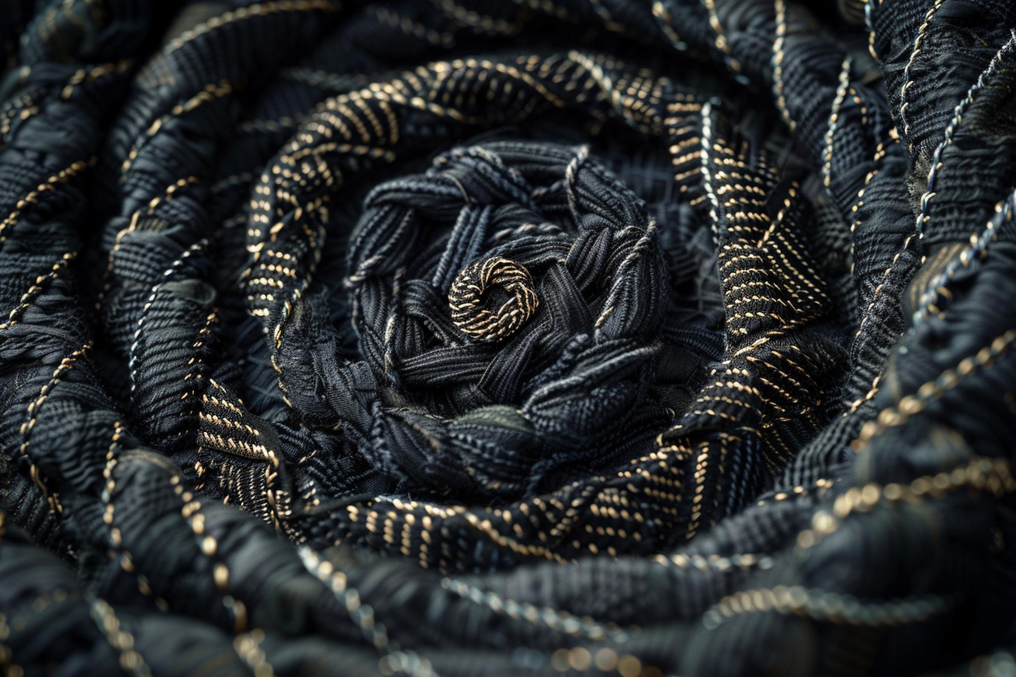 Macro of metallic thread embroidery on black textile